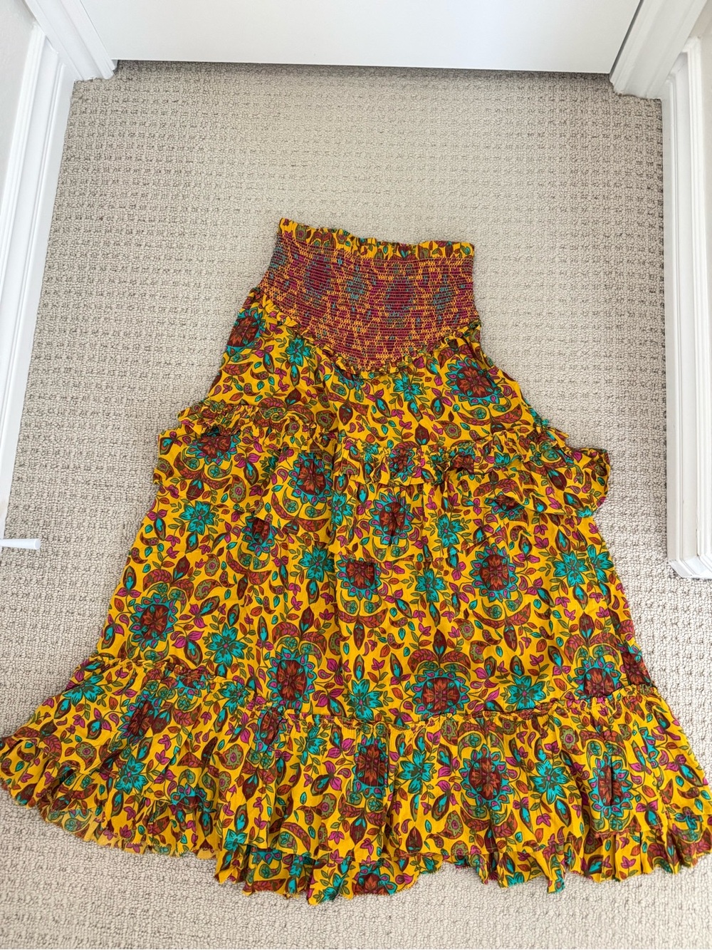 House of Harlow Bohemian Yellow Floral Tiered Midi Skirt